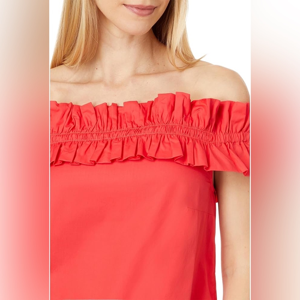 Lilly Pulitzer Off Shoulder Ruffle Blouse NWT Coral Red Size Large - Picture 3 of 9